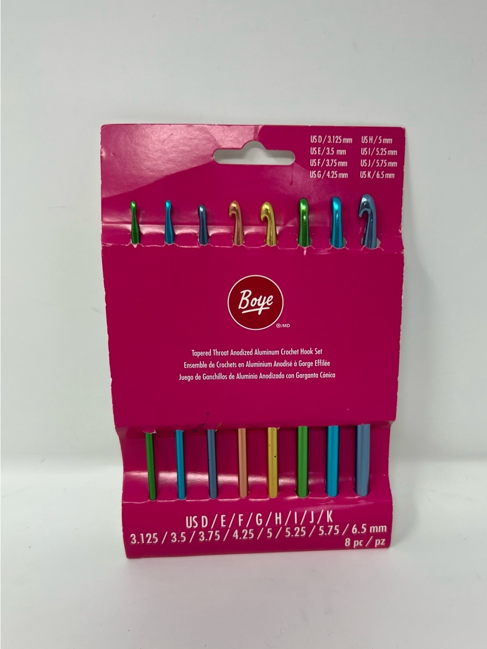 Boye Crochet Hook Set of 8 Tapered Throat Aluminum Sizes D-K Multicolored New